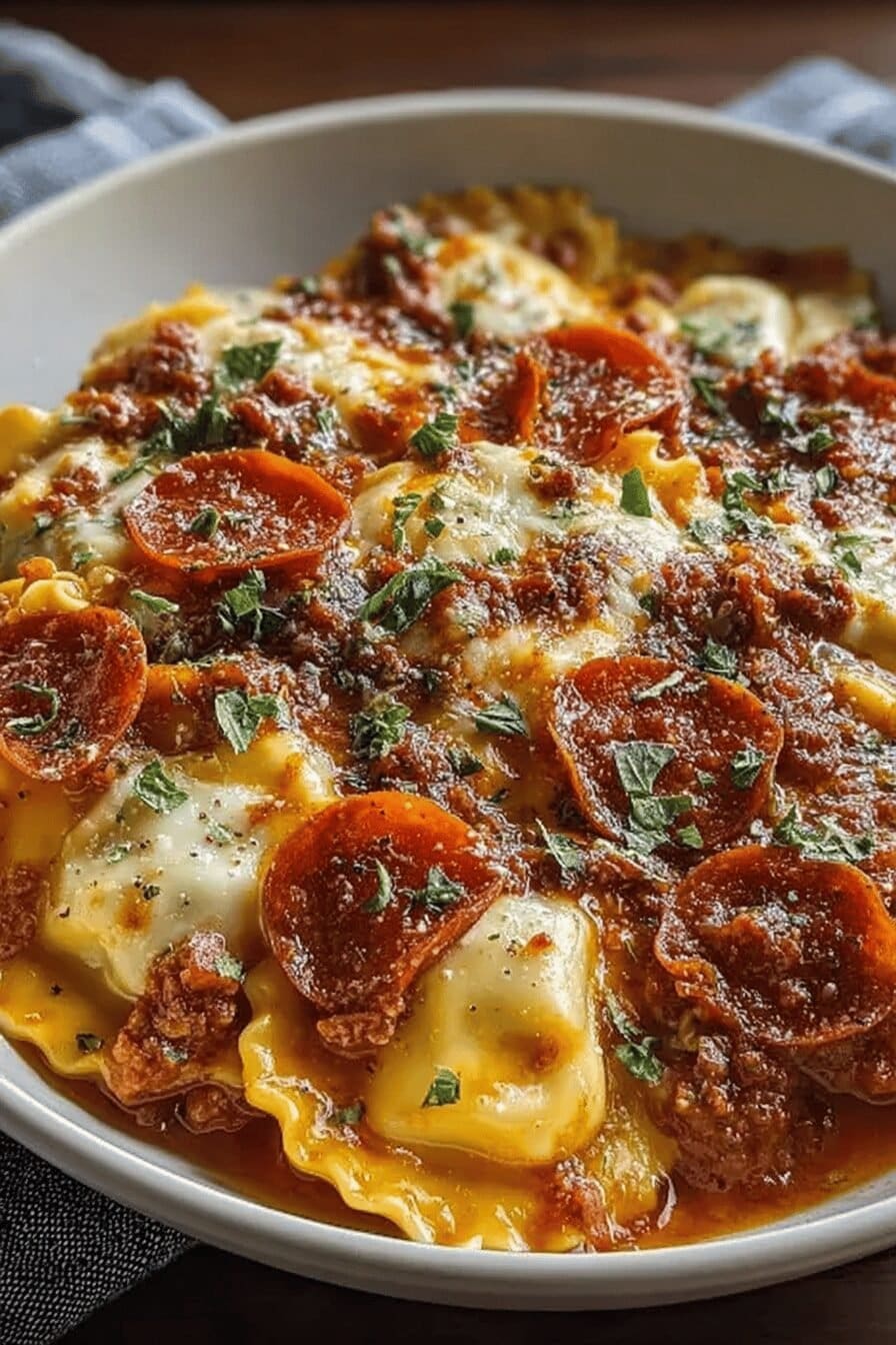 Cheesy Pizza Ravioli Bake